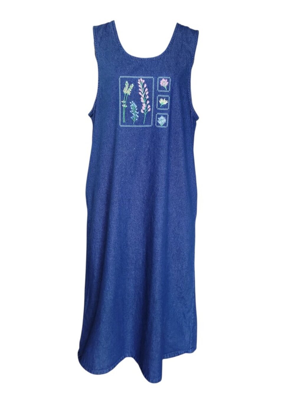 Westbound Blue Denim Embroidered Floral Maxi Dress Women's Size Petite L - Picture 2 of 9